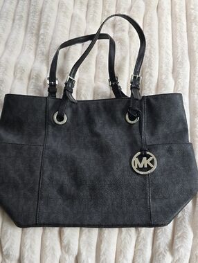 Michael Kors Black MK Logo Tote with Silver Charm